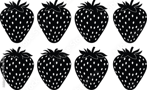 Black and White Strawberry Silhouette Icon Set Isolated on White Background Minimalist Fruit Graphic Elements for Healthy Food Design Organic Summer Pattern and Illustration