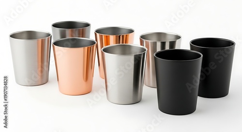 Wallpaper Mural Seven shiny metal and matte cups in various colors on white Torontodigital.ca