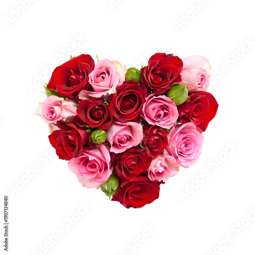 Heart Shaped Red and Pink Roses Bouquet Isolated on Transparent Background