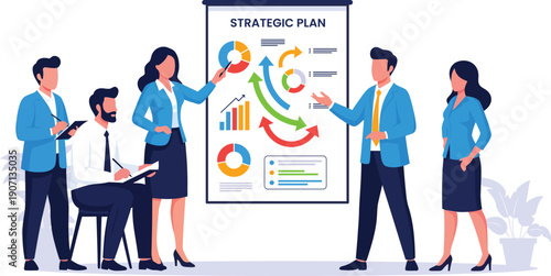 Business team presenting strategic plan and performance charts in flat illustration style