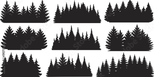 Black Pine Forest Silhouette Set with Coniferous Tree Horizons and Evergreen Woodland Borders for Minimalist Nature Backgrounds, Vector Isolated Elements for Outdoor Design Projects