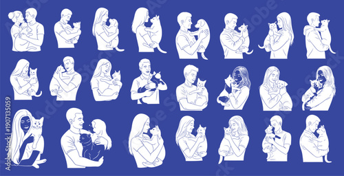Illustrations of diverse individuals interacting with their cats and dogs, ideal for pet care services and animal welfare