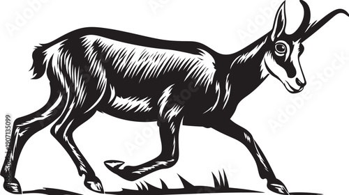A monochrome illustration of a goat-like animal in mid-stride. The animal is moving across a white surface
