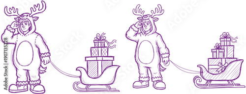 Person in a reindeer costume standing next to a loaded sleigh with wrapped gifts ready for holiday delivery