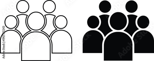 Professional Group of People Icon Set, Teamwork and Community Symbols in Outline and Solid Style