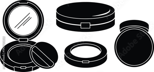 Black silhouette vector set of compact powder case with mirror and makeup sponge applicator icons