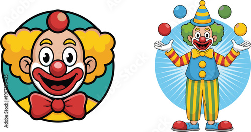 Funny cartoon clown character vector illustration set, smiling circus joker mascot face and full body juggling balls design