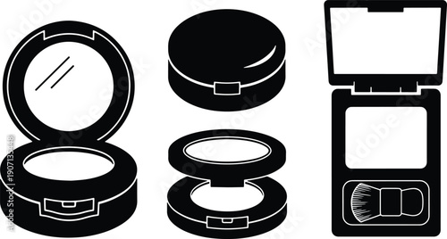 Black silhouette vector set of compact powder case and makeup palette icons