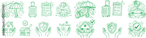 Variety of hand drawn line art icons representing different types of essential insurance coverage