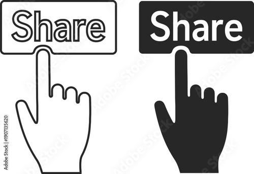 Hand clicking share button icon set, social media sharing concept, touch screen gesture vector illustration