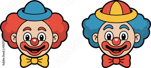 Cartoon clown face vector illustration set, colorful circus joker heads with hats and bow ties, cute smiling icons isolated design