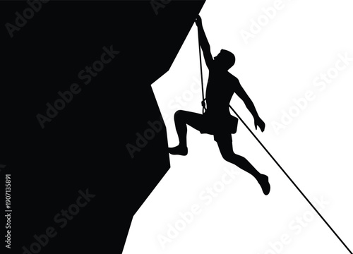 Black silhouette of a male rock climber scaling a steep mountain cliff using ropes and harness against a white background