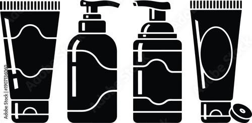 Black silhouette vector set of cosmetic pump bottles, squeeze tubes and packaging container icons