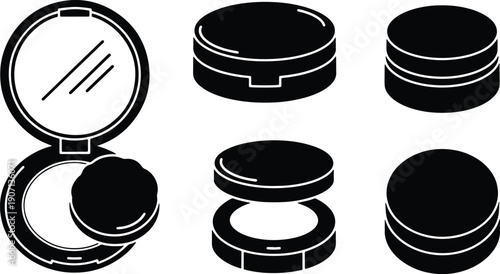 Black silhouette vector set of cosmetic compact powder cases with mirror and sponge applicator icons