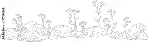 A minimalist black and white vector illustration of a serene natural border, depicting hand-drawn rocks and delicate wild plants, perfect for peaceful graphic design
