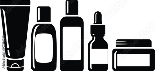 Black silhouette vector set of cosmetic squeeze tube, bottle, dropper serum and cream jar icons