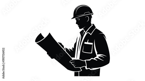 Silhouette of engineer wearing helmet holding blueprints standing against white background