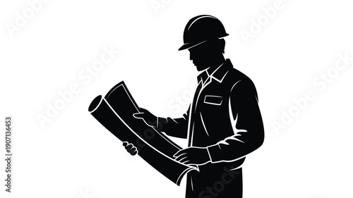 Engineer silhouette wearing hard hat examining blueprint against white background professional construction worker holding rolled up architectural plan