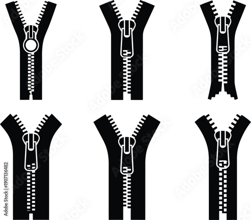 A technical illustration featuring 12 zippers in various states of closure on a white background, perfect for design projects