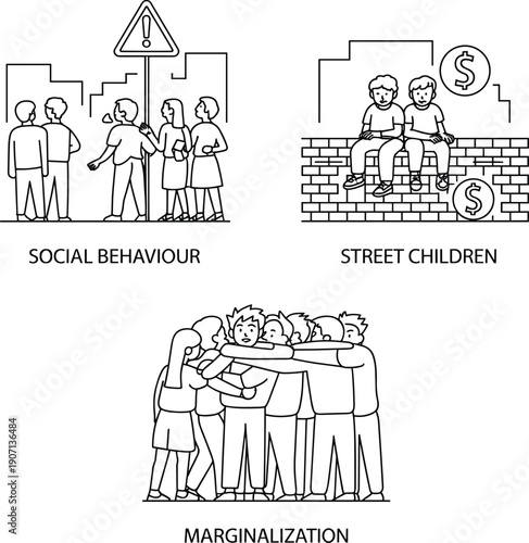 Social issue illustration showing social behaviour, street children poverty, and marginalization, symbolic artwork highlighting awareness, exclusion, and community challenges