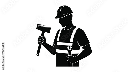 Laborer silhouette holding tools worker in hard hat and vest industrial worker icon construction worker symbol labor day themed vector graphic