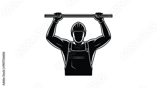 Steel worker silhouette vector lifting metal bar with protective helmet and overalls against a clean white background