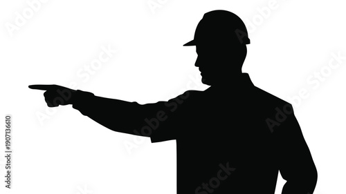 Construction supervisor silhouette pointing left in hard hat on white background for industry and building concept