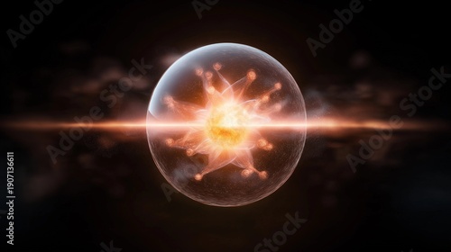 glowing cloud of subatomic particles swirling around a nucleus