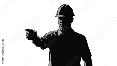 Construction supervisor silhouette pointing with hard hat on white background vector illustration for industry and business concepts