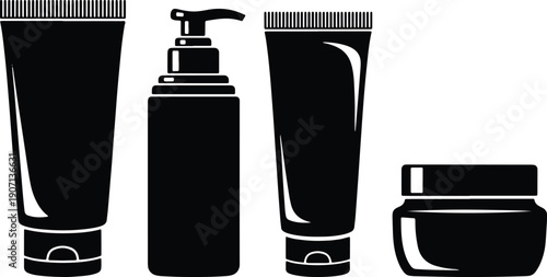 Black silhouette vector set of cosmetic squeeze tubes, pump bottle and cream jar packaging icons