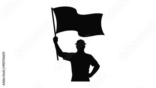 Silhouette of labor union worker holding flag protesting activism demonstration industrial action worker rights union solidarity white background black silhouette