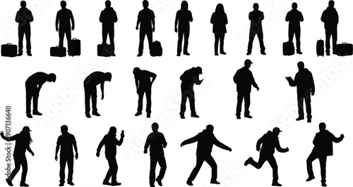 Diverse People Silhouette Vector Set Featuring Travelers with Suitcases Individuals Walking Standing and Posing for Urban Lifestyle Travel Tourism and Professional Graphic Design Projects