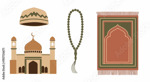 Islamic Prayer Essentials Set with Mosque, Prayer Mat, Prayer Beads, and Kufi Cap in Flat Design Style