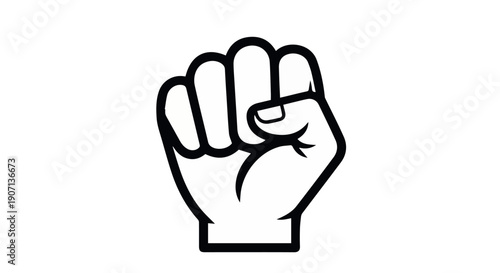 Graphic Black and White Illustration of a Powerful Raised Clenched Fist, Representing Strength, Protest, and Solidarity