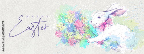 Happy Easter poster or greeting card with rabbit and  bouquet of spring flowers on watercolor background. Vector illustration