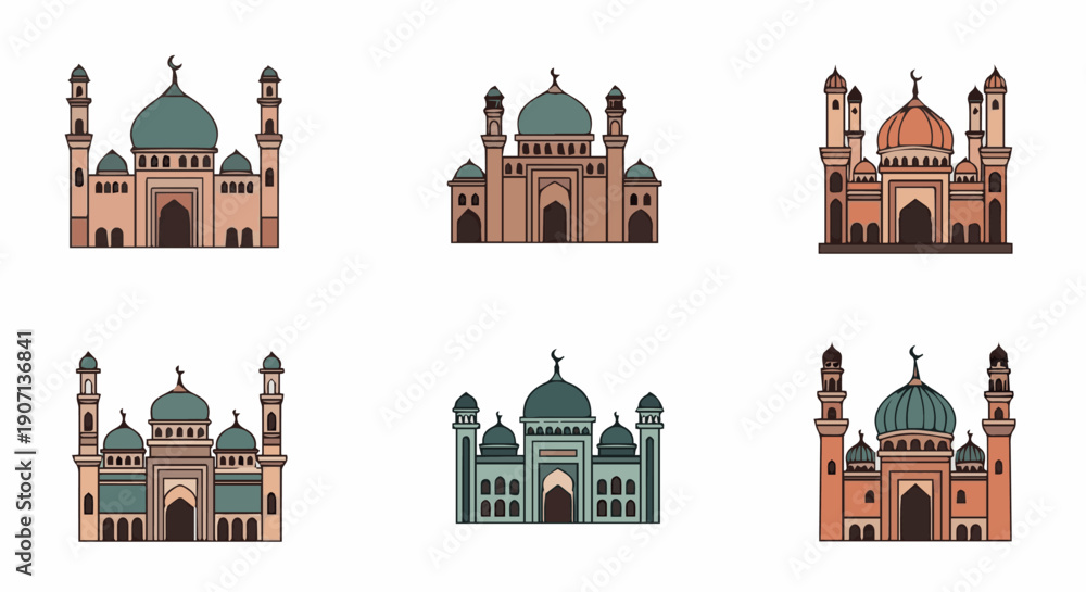 Obraz premium Collection of Six Vibrant Cartoon Illustrations Featuring Diverse Mosque Designs with Domes and Minarets, Symbolizing Islamic Architecture