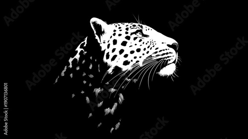 A striking black and white depiction of a leopard's head in profile, against a solid black background