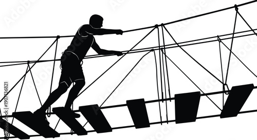 Black silhouette of a man crossing a suspension bridge on a high ropes obstacle course against a plain white background
