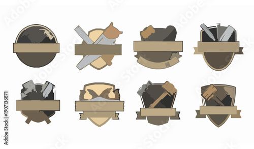 Classic vintage carpentry logo badge set for woodworking and craft branding vector illustration