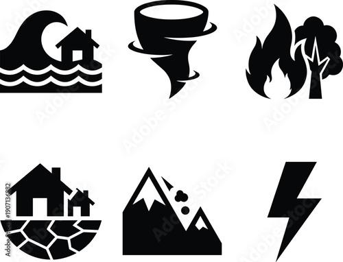 Natural disaster icons set, flood tornado wildfire earthquake lightning symbols, emergency hazard silhouette collection, climate risk warning illustration
