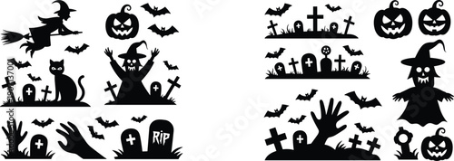 Halloween Silhouette Vector Mega Set Featuring Spooky Witch on Broomstick, Jack O Lantern Pumpkins, Cemetery Gravestones, Bats, and Black Cat for DIY Craft Projects