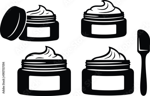 Black silhouette vector set of open cosmetic cream jars with lid and spatula applicator icons