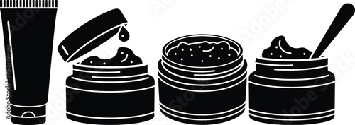 Black silhouette vector set of cosmetic cream jars, body scrub containers and squeeze tube icons