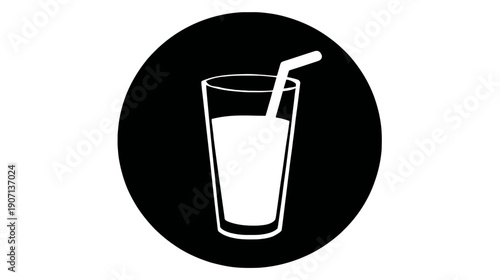 A white illustration of a tall glass of liquid with a straw inside of a black circle