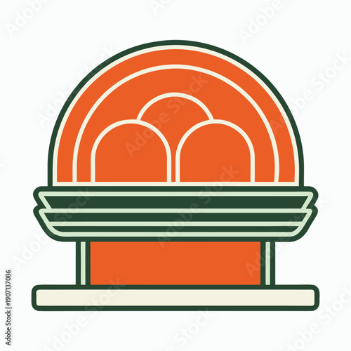 Stylized illustration of a food steamer basket with three buns on an orange background