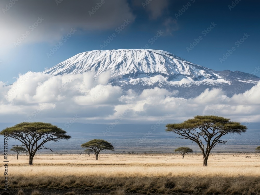 Fototapeta premium Majestic kilimanjaro towering over a serene savannah landscape with scattered trees.