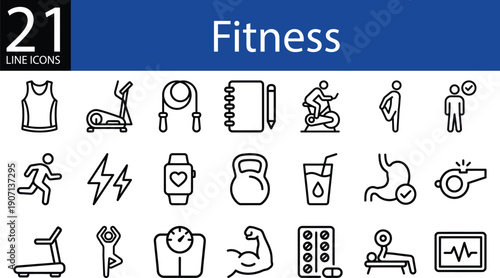 Fitness line icon set in outline style, treadmill running, weight training, hydration, yoga, and health monitoring