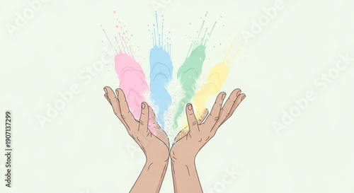 Open hands releasing colorful paint splashes symbolizing creativity and inspiration isolated on a light background