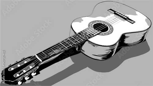 A grayscale acoustic guitar lies diagonally across a light gray background with a deep shadow