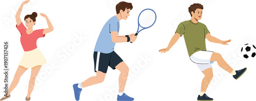 Diverse young people playing sports vector, flat illustration of characters practicing ballet tennis and soccer